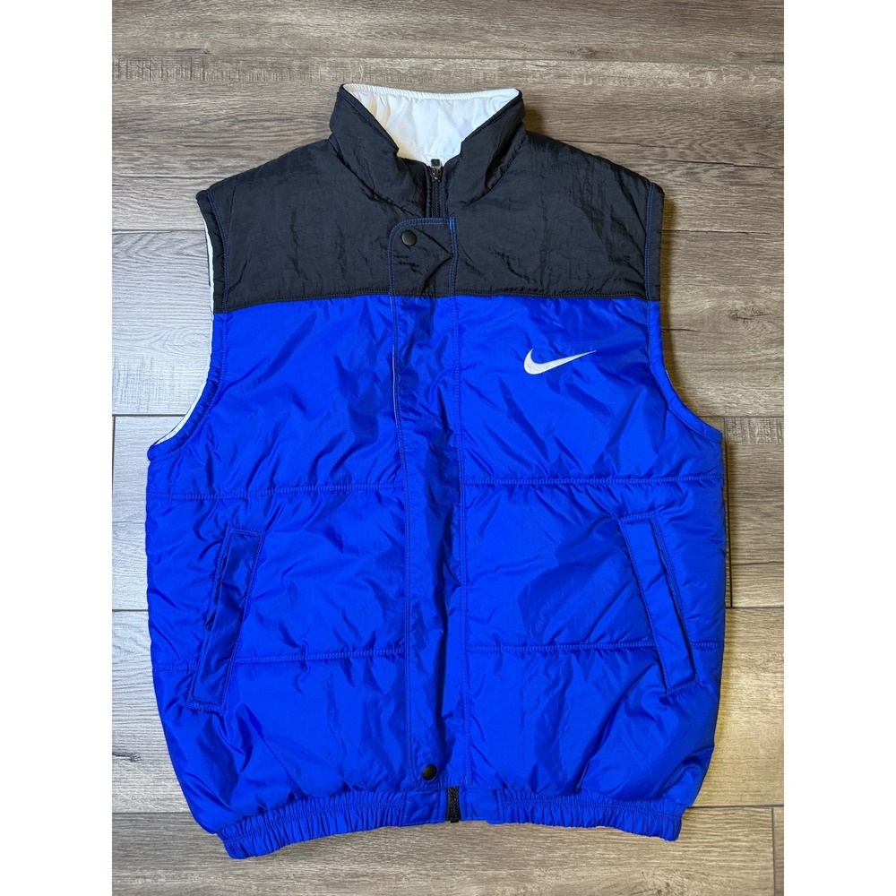 Nike Vintage Blue Black Puffer Vest Women L 14-16 Colorblock Swoosh F6-12-04